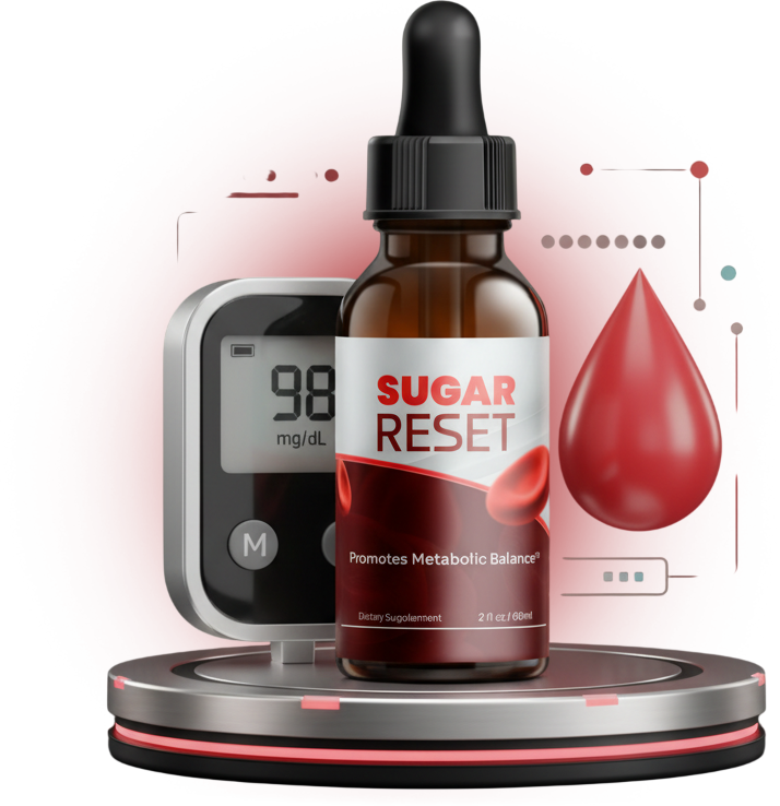 SugarReset dropper bottle beside a glucose monitor