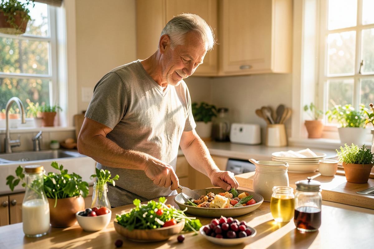 Man preparing a balanced breakfast in a sunlit kitchen